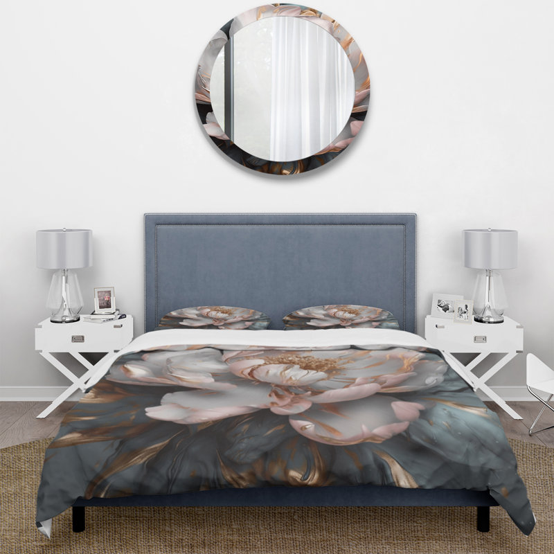 Ensemble de housse de couette rose et gris en pivoines Blooming I, Housse de couette simple + 1 taie décorative stan