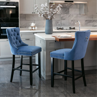 Contemporary Velvet Upholstered Barstools With Button Tufted Decoration And Wooden Legs, And Chrome Nailhead Trim, Leisure Style Bar Chairs,Bar Stools by Mercer41