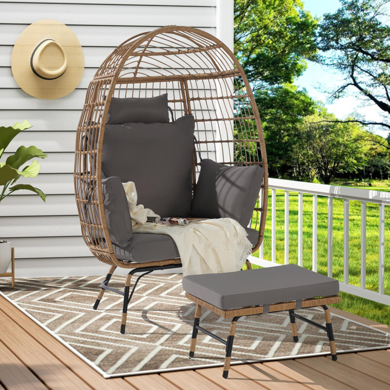 Oversized Large Egg Chairs with Ottoman and Thick Cushions for Porch, Light Grey