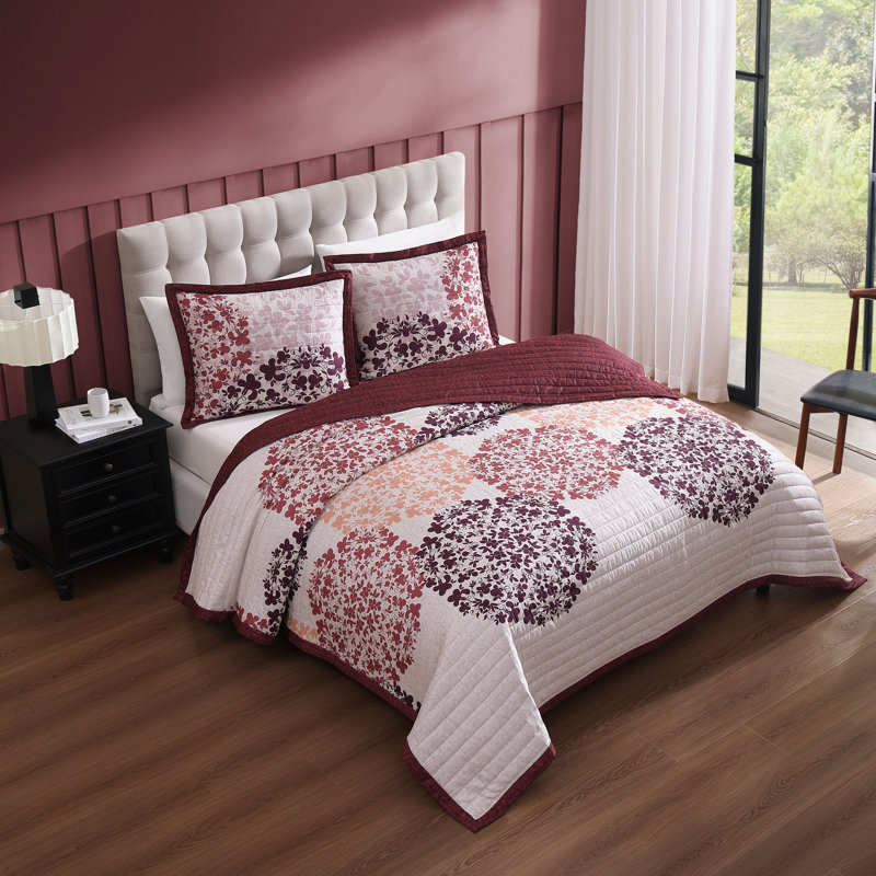 Full Red Cotton Reversible Bedspread Set