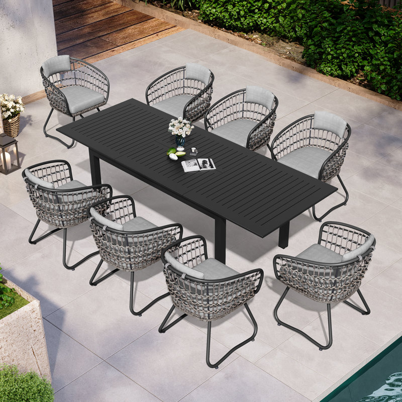 8 - Person Aluminum Rectangular Extendable Outdoor Dining Set with Cushion (Set of 9), Gray