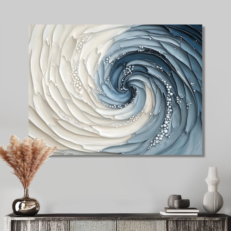 «Blue and White Coastal Spiral Of The Ocean I», formes abstraites, impression sur métal, H 30 po x l 40 po x P 0,84 po