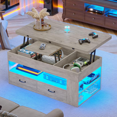 Table basse à plateau relevable, tables basses 4 en 1 avec rangement et compartiment caché, table basse de style campagnard
