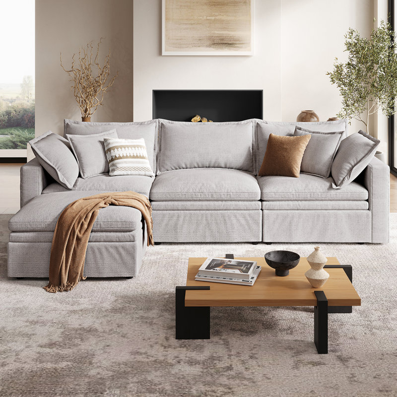 Canapé de 114 po avec nuage vers le bas, très grand canapé modulaire confortable pour le salon, canapé modulaire en forme de L avec housse de canapé amovible, repose-pieds avec rangement