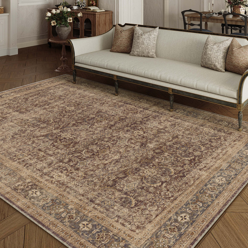 Tapis brun à motif floral rétro élégant Luthien, Rectangle 9 pi x 12 pi