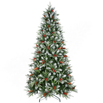 Arbre de Noël 7 pi avec 2178 pointes, baies rouges et pommes de pin - Branches PE + PVC enneigées, conception à charnières pour une installation facile, support en métal robuste - Décoration d'arbre de Noël naturelle