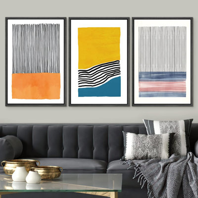 Abstrait, blocs de couleurs vives, orange, jaune, bleu et rose, blocs et lignes encadrés sur toile, impression de 3 pièces