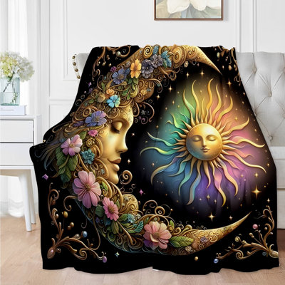 Unique Bohemian Sun and Moon Blanket - Soft, Festive, All-Season Flannel Fleece, Digital Print, 280gsm, Dreamy Gift for Home Decor 50x60inch