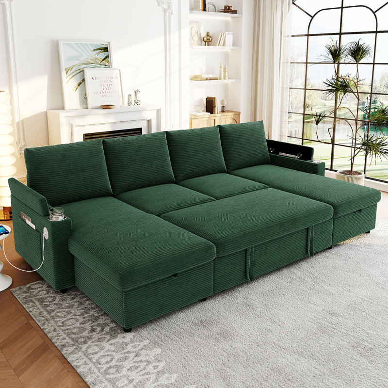 Canapé modulaire convertible en velours côtelé de 109,5 po avec porte-gobelets et rangement Patrick, Velours côtelé vert