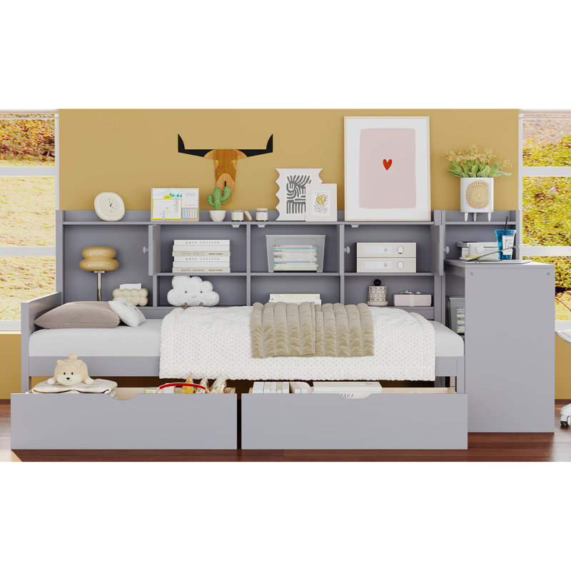 Twin L-Shape Daybed With Storage, Study Desk And Bookshelf - Space For Shared Living Areas Gray 3 Cabinets, 2 Drawers, Shelf Ideal Bedroom Or Office Use