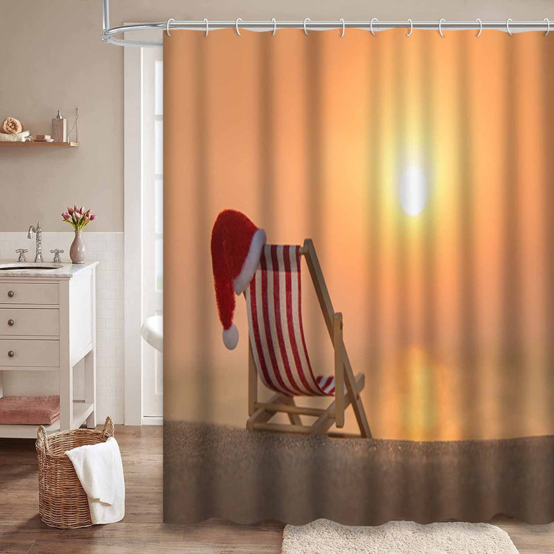 Rayé rouge et blanc, Noël, océan, plage de sable, coucher de soleil, nouveau, avec 12 crochets, L 72 po x l 72 po