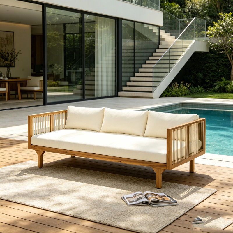 Outdoor Patio Sofa with Cushion, Teak+ Beige