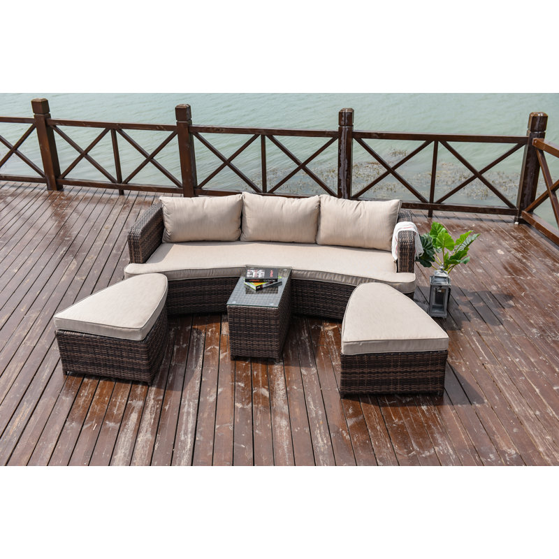 Chaise longue d'extérieur 5 pièces en osier avec coussins et table Toni, Mélange de bruns, Vert