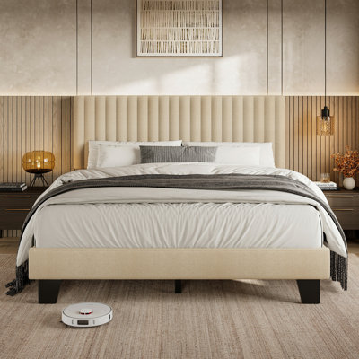  Base de lit grand format, structure de lit plateforme en lin avec tête de lit en tissu, support de lattes en bois massif, silencieux, sans sommier, facile à assembler, beige