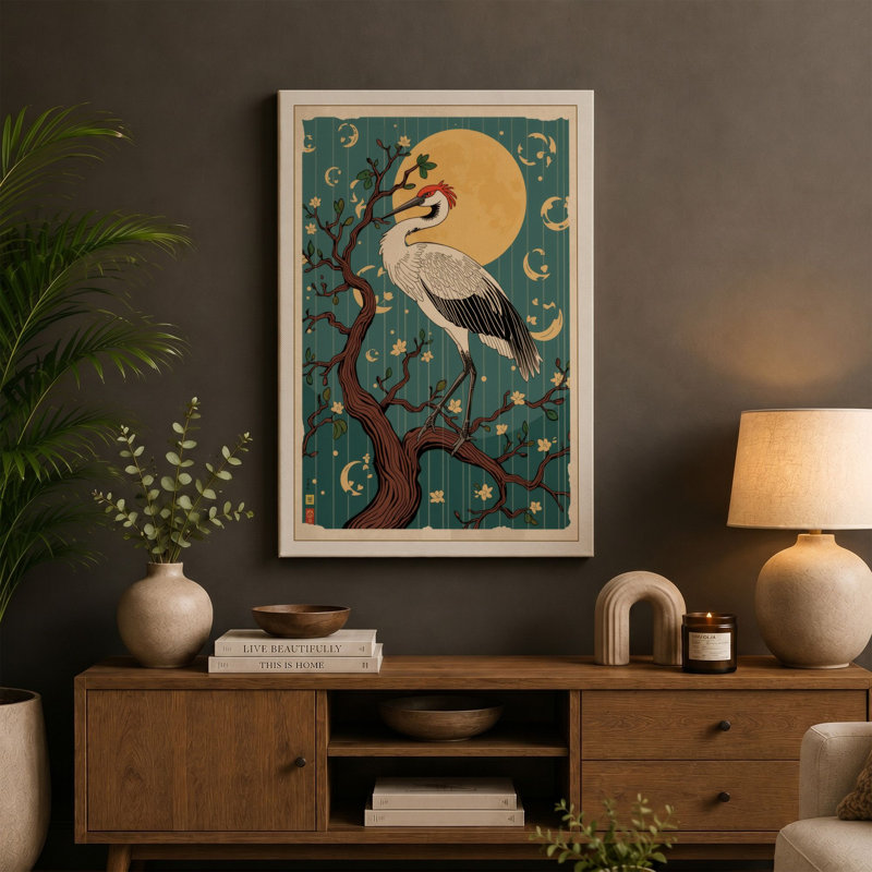 Crane Under Moon Japandi - Wrapped Canvas, 24x16 - 61.0 x 40.6 cm, Black Border