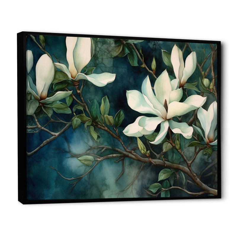 Magnolias vert et blanc - art mural floral pour le salon, H 12 po x l 20 po x P 1 po, Cadre flottant noir