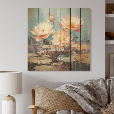 Lotus Pond Blooms Come Alive - Art mural en bois de lotus sur bois de pin naturel