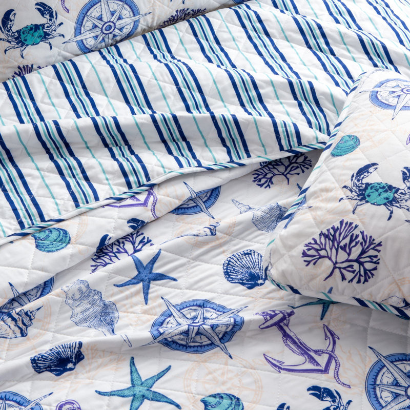 Ensemble de courtepointe réversible bleu / bleu marine avec taies décoratives