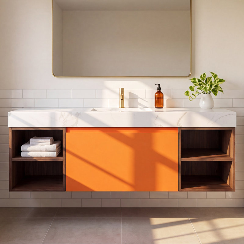 Noam 60'' Natural Wood Veener Plyowood Bathroom Vanity with Engineered Quartz Top