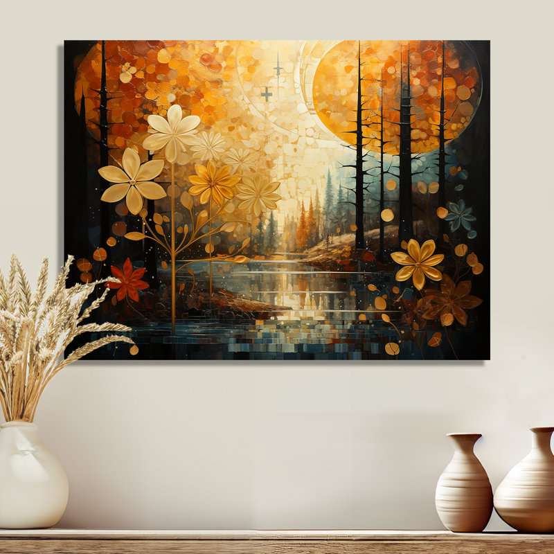 Collage rétro de la forêt d'automne, coucher de soleil sur la rivière - art mural rivière, Métal métal