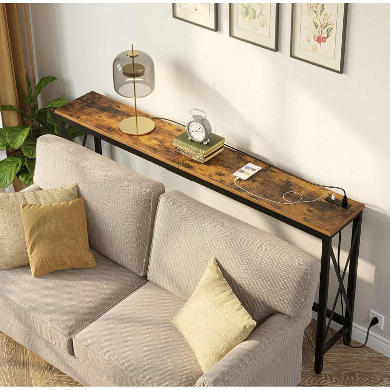 Console Table with Power Outlet, Narrow Sofa Table, Farmhouse Table Behind Sofa Couch, 31.5" H x 70.8" W x 11.8" D, Grey