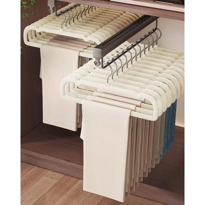 Velvet Pant Hanger Space Saving, 20 Pack Non-Slip Shorts Hanger, Jeans Slack Trousers Hanger With 10Pcs Clothe Hanger Connector Hooks Closet Organizer (Beige)