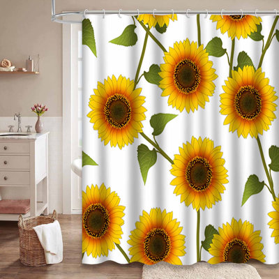 Waterproof Autumn Floral Bouquet Sunflower Bloom Shower Curtain with 12 Hooks