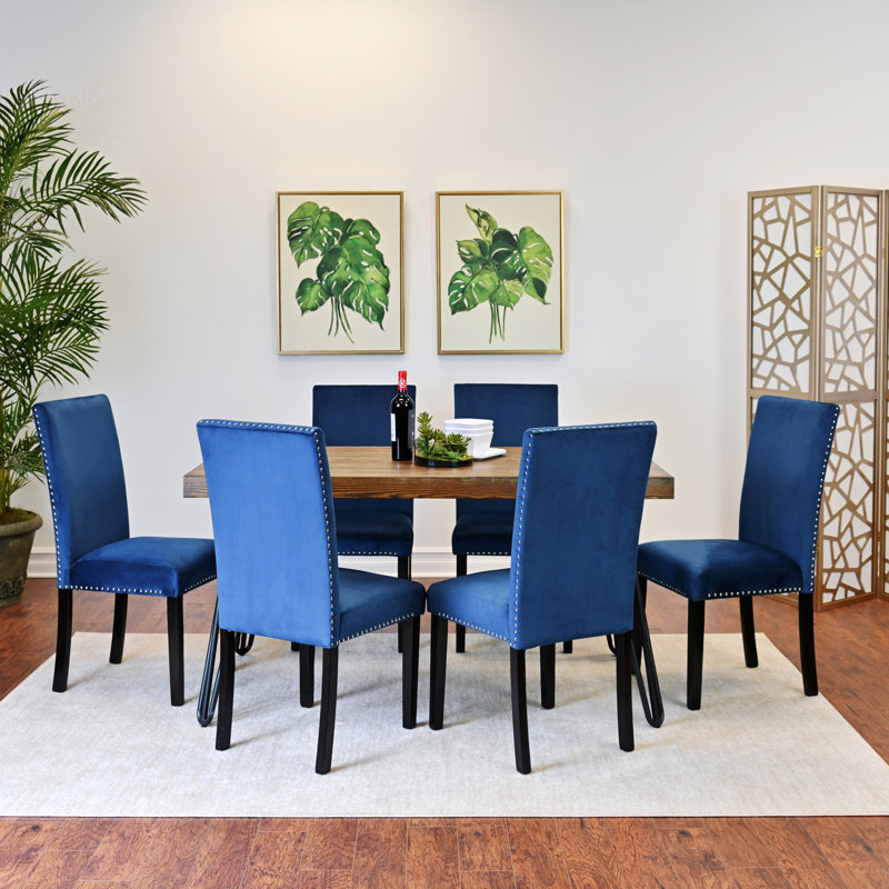 7-Piece Dining Set, Hairpin Dining Table with 6 Chairs, 3 Colour Options, Blue, 7
