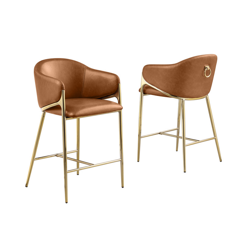 Tabourets Leathaire avec structure en chrome poli, Tabouret de bar (siège d’une hauteur de 30 po), Siège caramel / cadre doré