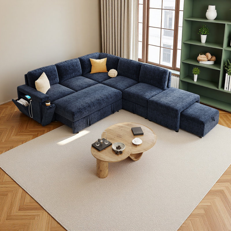 Canapé modulaire rembourré en L avec espace de rangement, ports USB et porte-gobelets sur les accoudoirs, idéal pour les salons, les bureaux et les appartements