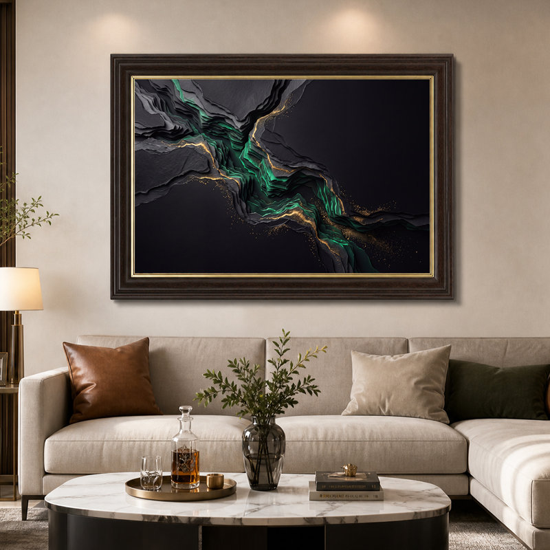 Art abstrait sur toile abstrait vert émeraude et or gris, 16"H x 24"W