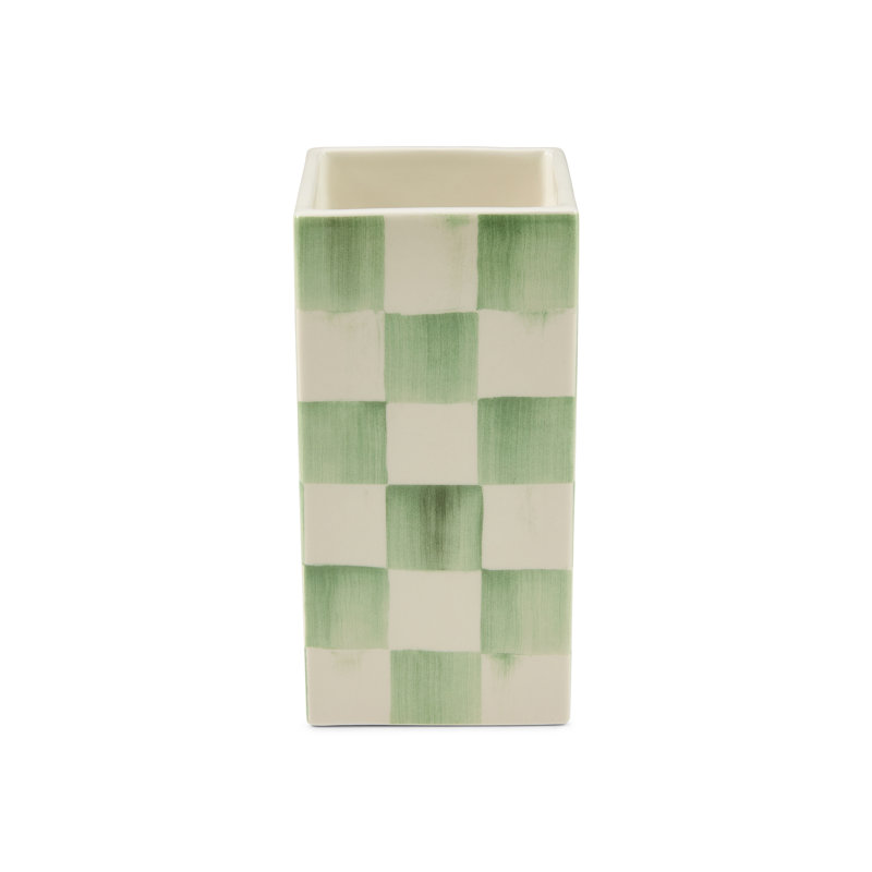 Sage Check Pillar Vase, 6" H x 6" W x 3" D