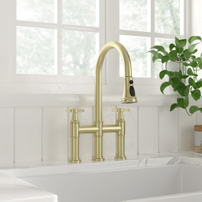 Bridge Kitchen Faucet with Cross Handle, Pull Down Sprayer, 8 Inch 3 Holes Widespread Sink Faucet
