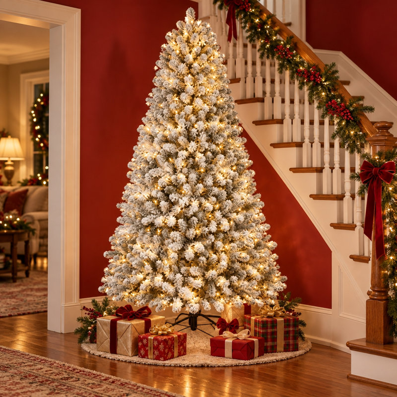 4.5/5.5/6.5/7/7.5/8/9 FT Prelit Snow Flocked Artificial Christmas Tree with Incandescent Warm White Lights, Sturdy Metal Hinges & Collapsible Base, Easy Assembly, Snow Flocked Full Prelighted Xmas Tree W Branch Tips, White