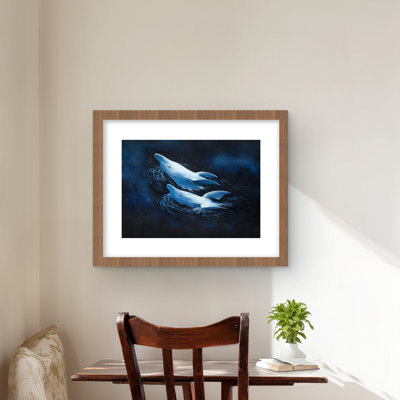 Deux dauphins nageurs - reproduction matte encadrée marine côtière