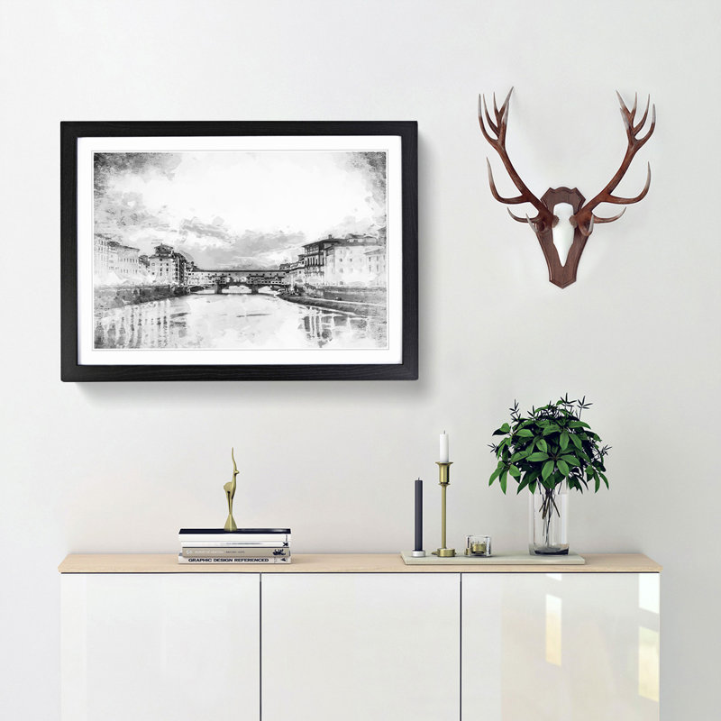 Ponte Vecchio Bridge in Florence Italy - Framed Print, 60cm H x 91cm W x 2cm D, Black