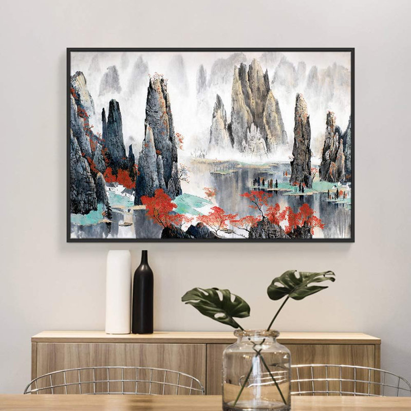 Peinture à l'encre de chine, chinois, haute rivière de montagne, impressions sur toile pour le décor de chambre à coucher