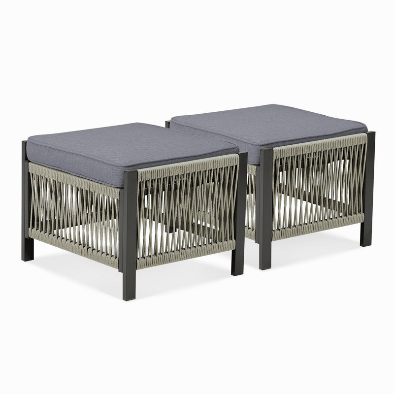 Ensemble de 2 repose-pieds d'extérieur en osier de patio avec coussin gris pour cour ou terrasse