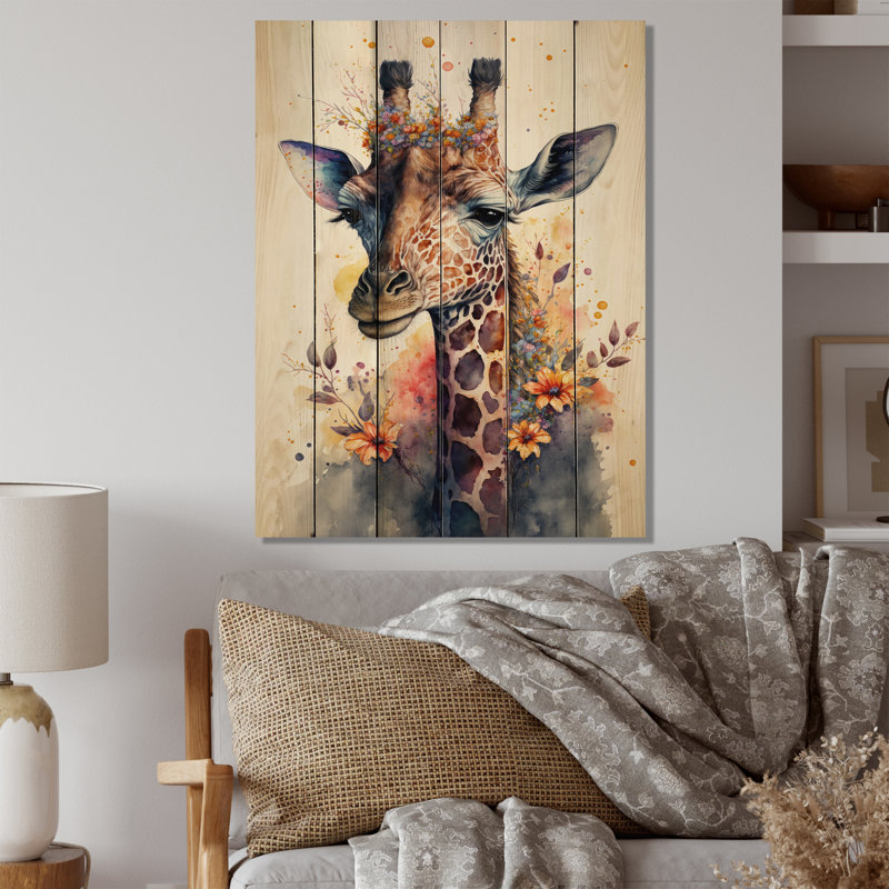 Jolie girafe, art floral I - impression sans cadre sur bois, H 32 po x l 16 po x P 1 po