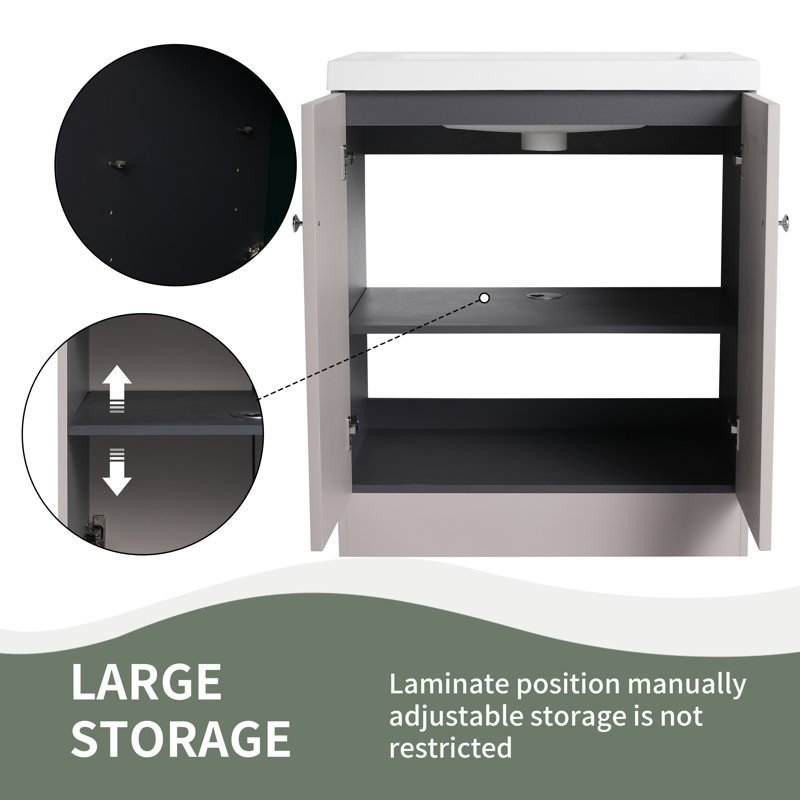 30" Freestanding Bathroom Vanity with White Resin Sink & 2 Soft-Close Cabinet Doors, Khaki, Silver