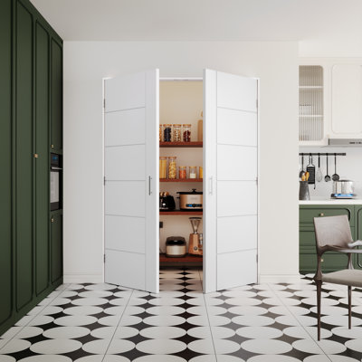Porte intérieure pleine à 6 panneaux, motif horizontal moulé, en MDF certifié CARB P2, quincaillerie en nickel satiné (loquets à bille, charnières et poignées), préfinie et imperméable, idéale pour garde-manger, chambre, salle de bain et placard, teinture facile à appliquer soi-même, sans cadre, 142 x 203 cm