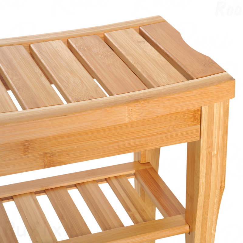 20" Long Bamboo Shower Bench - Wooden Spa Stool, With Under-Seat Storage Shelf & Shoe Organizer
