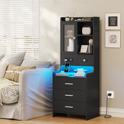 Tall Night Stand With Charging Station And Led Lights,49.2" Nightstand With Bookshelf,adjustable Shelf With Glass Door, Gray Bedside Table With Drawers,end Side Table For Bedrooms