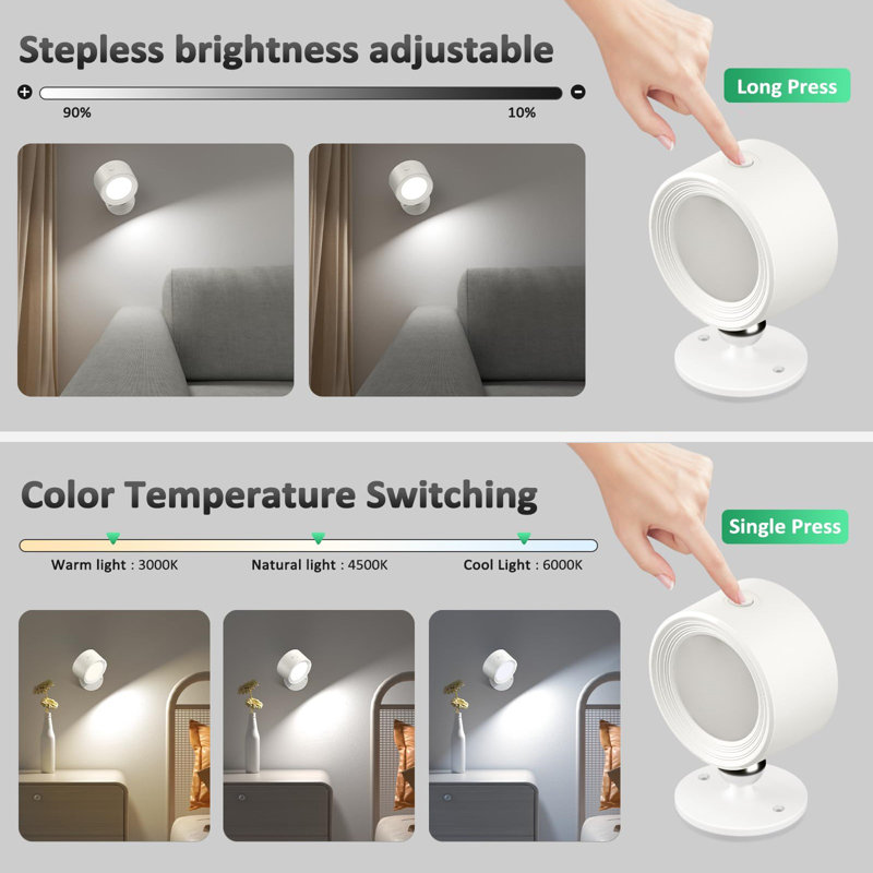 LED Wall Light Rechargeable Battery Operated With Remote, Magnetic Rotation,2 Pcs, White