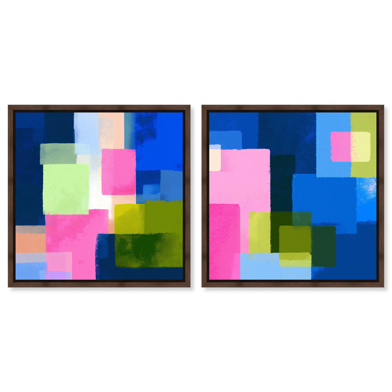 «Bright Blocks Duo», ensemble d'art mural moderne sur toile encadrée, H 13 po x l 13 po, Cadre noyer