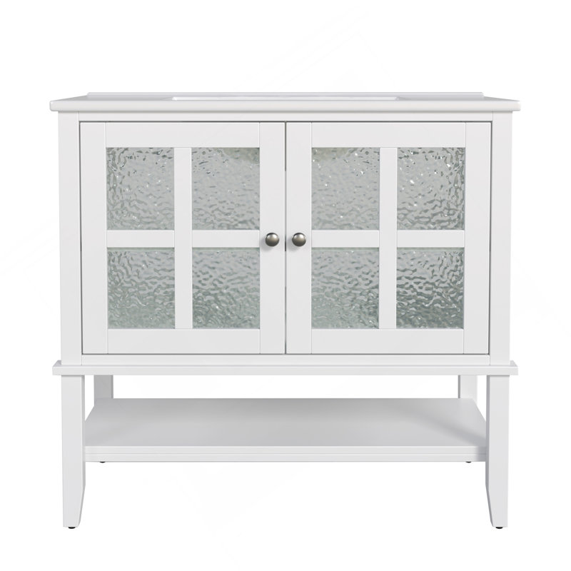 Meuble-lavabo de 36 po avec meuble-lavabo avec tablette réglable et tablette ouverte, avec pieds en bois, finition peinte imperméable, poignées en métal argenté et charnières à fermeture douce, gris
