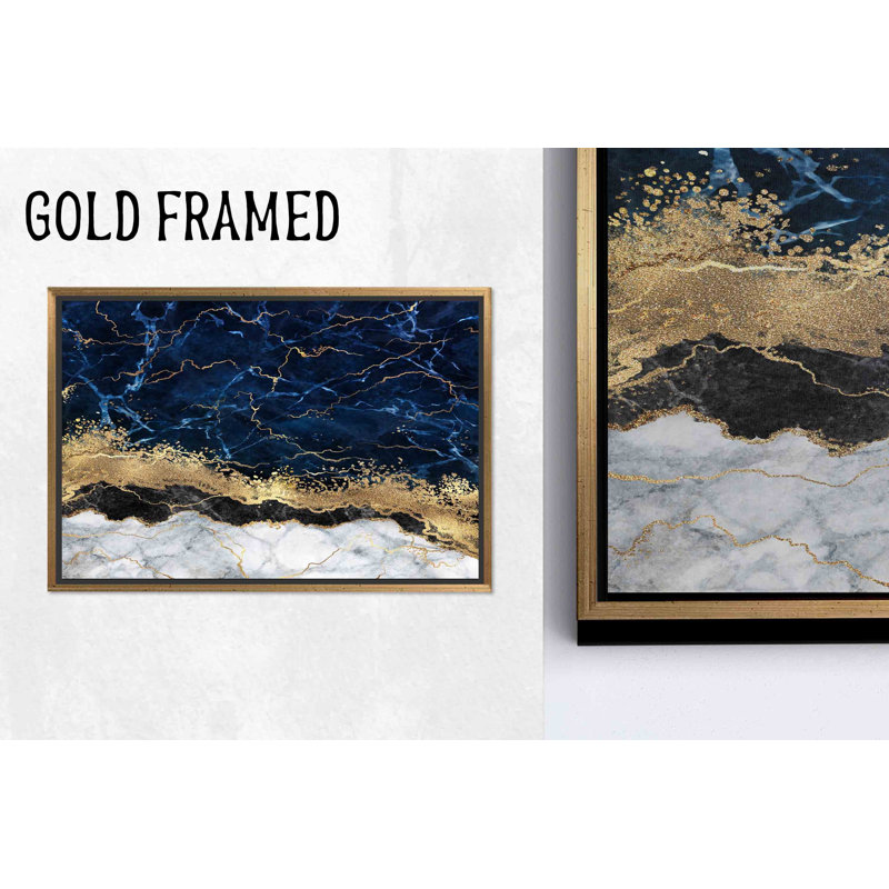 Impression sur toile bleu marine et marbre doré | Art mural moderne, 1P encadré doré, 35,5 po H x 47,3 po l