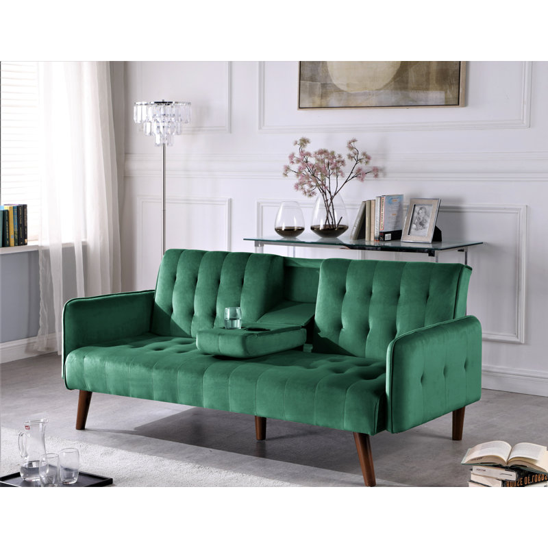 Canapé-lit convertible en velours avec porte-gobelet, Polyester vert