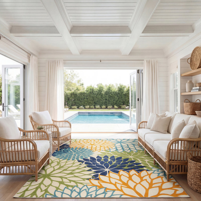 Alsaedi Floral Green/Blue/Orange Indoor/Outdoor Area Rug, Rectangle 9' x 12'