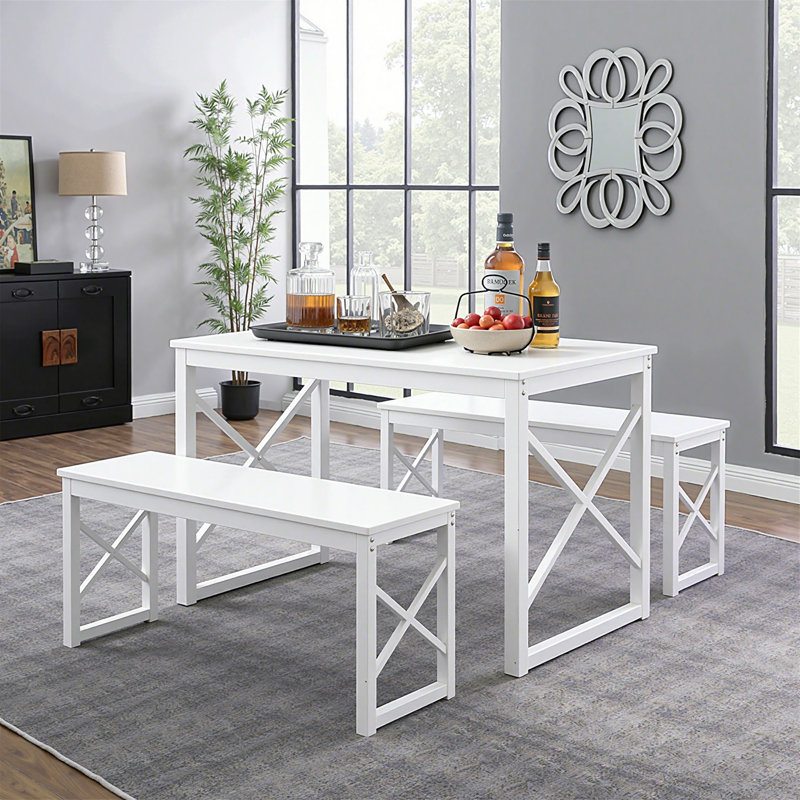 White 3-Piece Dining Table Set With Benches – Kitchen, Small Space, Farmhouse, 30" H x 27.6" W x 43.3" D